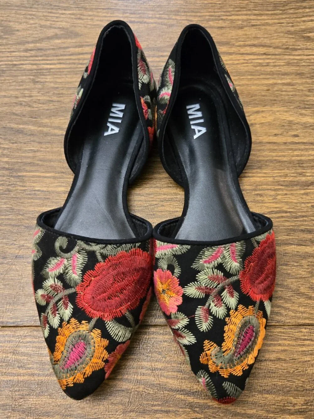 MIA Caroline Floral Embroidered d'Orsay Pointed Toe Flats on Black Background